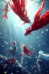 Poster - A mesmerizing scene of friends exploring the depths of an underwater aquarium, surrounded by colorful fish and the tranquil embrace of the water