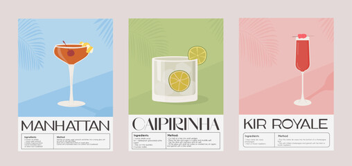 Wall Mural - Manhattan, Caipirinha and Kir Royale Classic Cocktail recipe with ingredients. Summer aperitif wall art. Garnish alcohol beverage graphic print. Minimalist vertical poster. Vector flat illustration.