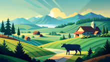 Idyllic Rural Landscape With Church, Houses, And Cow Illustration
