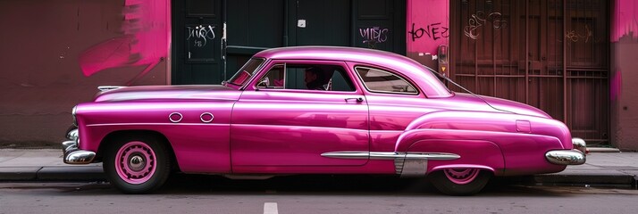 Wall Mural - New pink concept car made by generative AI on the road for automotive and driving concept