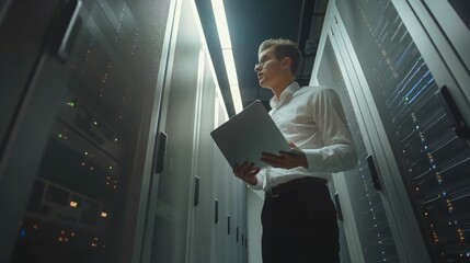 Poster - young it engeneer business man with thin modern aluminium laptop in network server room