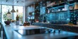 Smart kitchen concept with digital data augmented reality overlay on a modern kitchen design with appliances on the counter