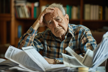 senior worried man with a pile of bills or tax papers looking confused or overwhelmed, being in debt