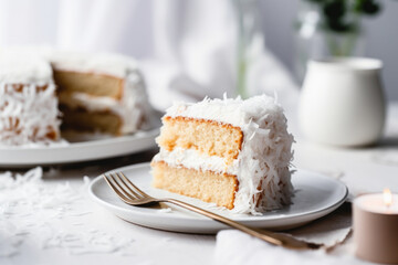 Wall Mural - Coconut cake with a slice taken out, fluffy homemade coconut cake, Easter dessert idea