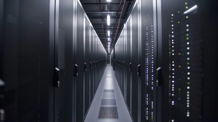 Poster - Shot of Corridor in Working Data Center Full of Rack Servers and Supercomputers with High Speed Inernet Visualization Projection.