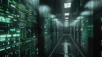 Poster - Shot of Corridor in Working Data Center Full of Rack Servers and Supercomputers with High Speed Inernet Visualization Projection.