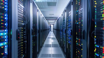 Poster - Shot of Corridor in Working Data Center Full of Rack Servers and Supercomputers with High Speed Inernet Visualization Projection.
