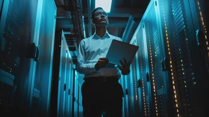 Poster - young it engeneer business man with thin modern aluminium laptop in network server room