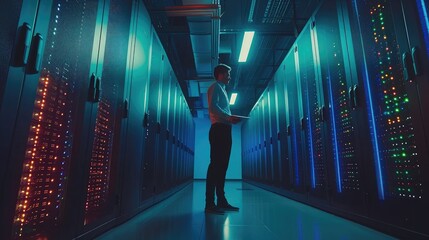 Poster - young it engeneer business man with thin modern aluminium laptop in network server room