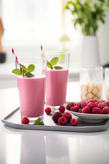 Berry smoothie in glasses in two glasses in white modern kitchen with fresh berries in white kitchen