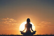 © Random_Mentalist - Illustration of meditation on the background of the sky and the sun. Woman meditating in front of big bright sun
