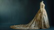 An elegant wedding gown on a mannequin with a long train