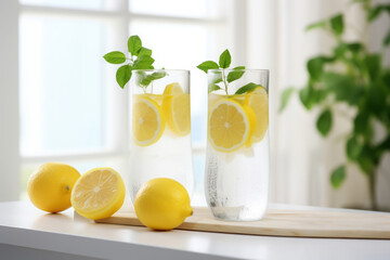 Wall Mural - Lemonade in glasses in white modern kitchen with slices of lemon and mint