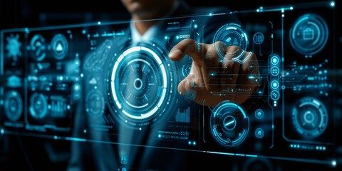 Fototapete - Advanced Tech Command Center: A User Interacts with a Futuristic Holographic Interface, Symbolizing the Next Generation of Digital Interaction, Generative AI