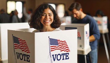 Wall Mural - Young woman casting her vote at a voting booth, fulfilling her civic responsibility on US Election Day