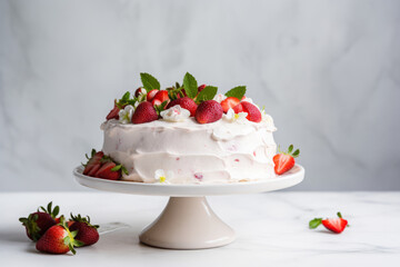 Wall Mural - Strawberry and cream cheese summer cake on white cake stand