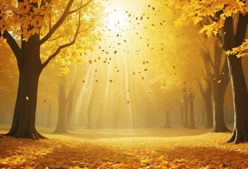 Wall Mural - Beautiful autumn background of landscape with yellow leaves and sun. Falling leaves natural background. 