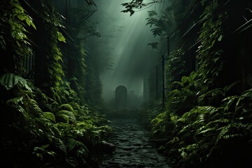Poster - Mysterious and atmospheric scene of a foggy jungle