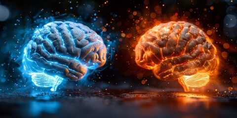 Fototapete - A Striking Visual Contrast of Two Brains Illuminated in Blue and Orange, Symbolizing the Intersection of Logic and Creativity, Generative AI