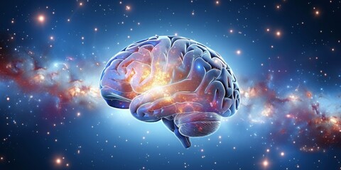 Fototapete - A Luminous Human Brain Superimposed on the Starry Universe, Symbolizing the Infinity of Thought and Knowledge, Generative AI