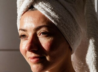 Poster - Woman with towel on her head after taking a bath at home. Relax moment. Self Care.