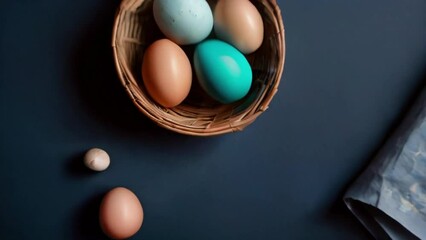 Poster - Easter painted eggs and napkin on dark blue background. Top view easter concept easter eggs in basket created with generative ai