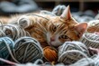 Ginger cat entangled in yarn balls, playful and cozy. a cat exhibiting a rare moment of embarrassment, trying to disentangle itself from a ball of yarn, awkward gracelessness