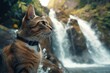 Cat with a collar mesmerized by the sight of a majestic waterfall in a lush forest. a cat watching a waterfall, mesmerized by the cascading water, nature's admirer