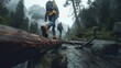 Jungle Challenge: In a low angle shot, an Asian couple attempts to climb over a log in a raining jungle, with the focus on their trekking shoes in this adventurous and challenging trek