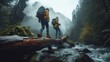 Jungle Challenge: In a low angle shot, an Asian couple attempts to climb over a log in a raining jungle, with the focus on their trekking shoes in this adventurous and challenging trek