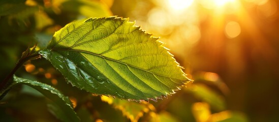 Wall Mural - Vibrant Green Leaf Glistening in the Warm Sunset Sunlight - Leaf, Green, Sunset, Sunlight, Leaf, Green, Sunset, Sunlight, Leaf, Green, Sunset, Sunlight