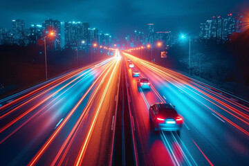 Poster - dynamic streaks of light created by the movement of vehicles on a busy highway at night, symbolizing