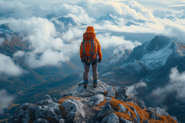 Poster - A hiker reaching the summit of a mountain, capturing the triumph and perseverance of personal achievements. Concept of conquering challenges. Generative Ai.