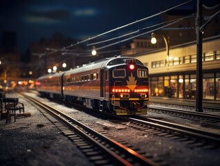 Poster - A train on a track at night. Generative AI.