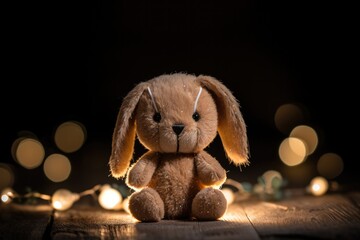 Poster - A stuffed animal rabbit is sitting on a wooden table with lights. Generative AI.