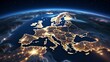 Europe at night viewed from space with city lights showing human activity in Germany, France, Spain, Italy and other countries, 3d rendering of planet Earth,