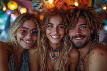 Wall Mural - A selfie of friends at a rooftop bar, against a backdrop of city lights, encapsulating the energy and vibrancy of urban nightlife. Concept of city socializing. Generative Ai.