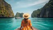 Happy traveler woman in summer dress joy fun relaxing on boat