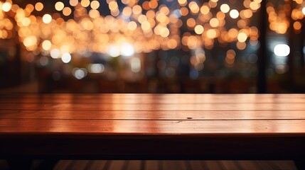 image of wooden table in front of abstract blurred background of resturant lights