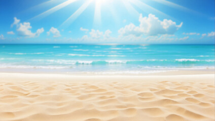 Wall Mural - Nature of tropical summer beach with rays of sunlight. Light sand beach, ocean water sparkles against blue sky
