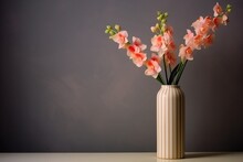 Bouquet Of Gladioli In A Tall Striped Vase