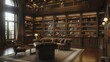Refined Private Library, Opulent Timber Shelving and Comfortable Reading Spot Lit Softly