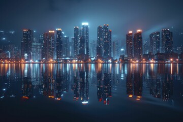 Canvas Print - City Lights at Night, Bright Illuminations and Towers Mirrored in Water