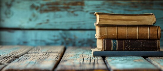 Wall Mural - Vintage Books on a Close-Up of an Old Wooden Table