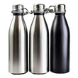 silver and Black Empty Glossy Metal Reusable Water Bottle with Silver Bung Set Closeup Isolated on White Background