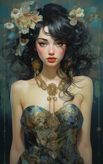 Wall Mural - Portrait of a brunette woman with flowers, fantasy illustration.