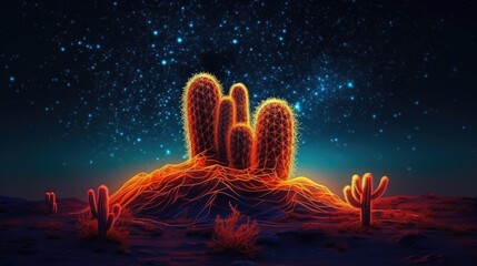 Poster - Cactus in the desert with a starry sky.