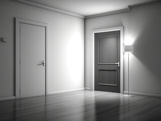 Poster - Empty room with a door open and a lamp on the floor.