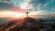 Majestic cross stands atop mountain, illuminated by golden sunrise, conveying hope and spiritual inspiration, Good Friday and Easter Sunday concept