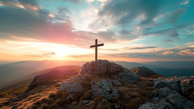majestic cross stands atop mountain, illuminated by golden sunrise, conveying hope and spiritual ins